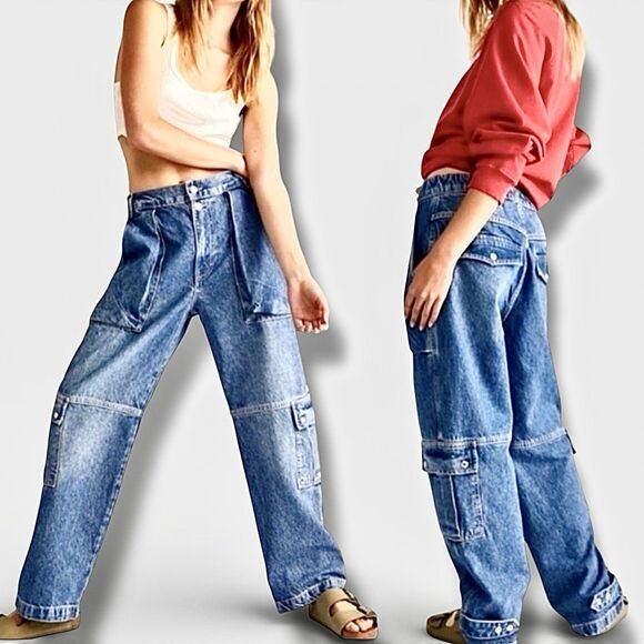 Free People Denim - Free People We The Free Marx Slouchy Cargo Jeans Wide Blue Utility 26/27 NWOT